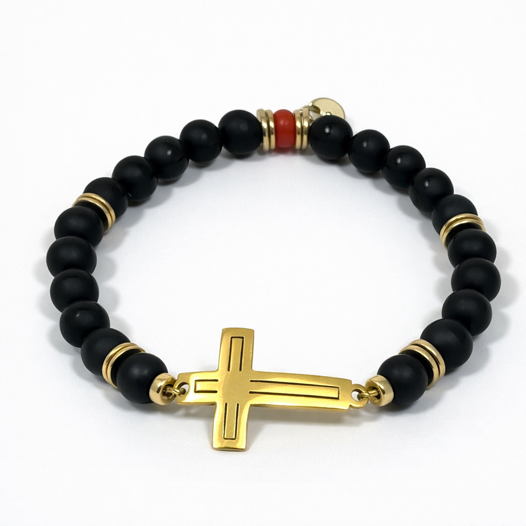 Matteo Gold Bracelet – Black Agate & Cross