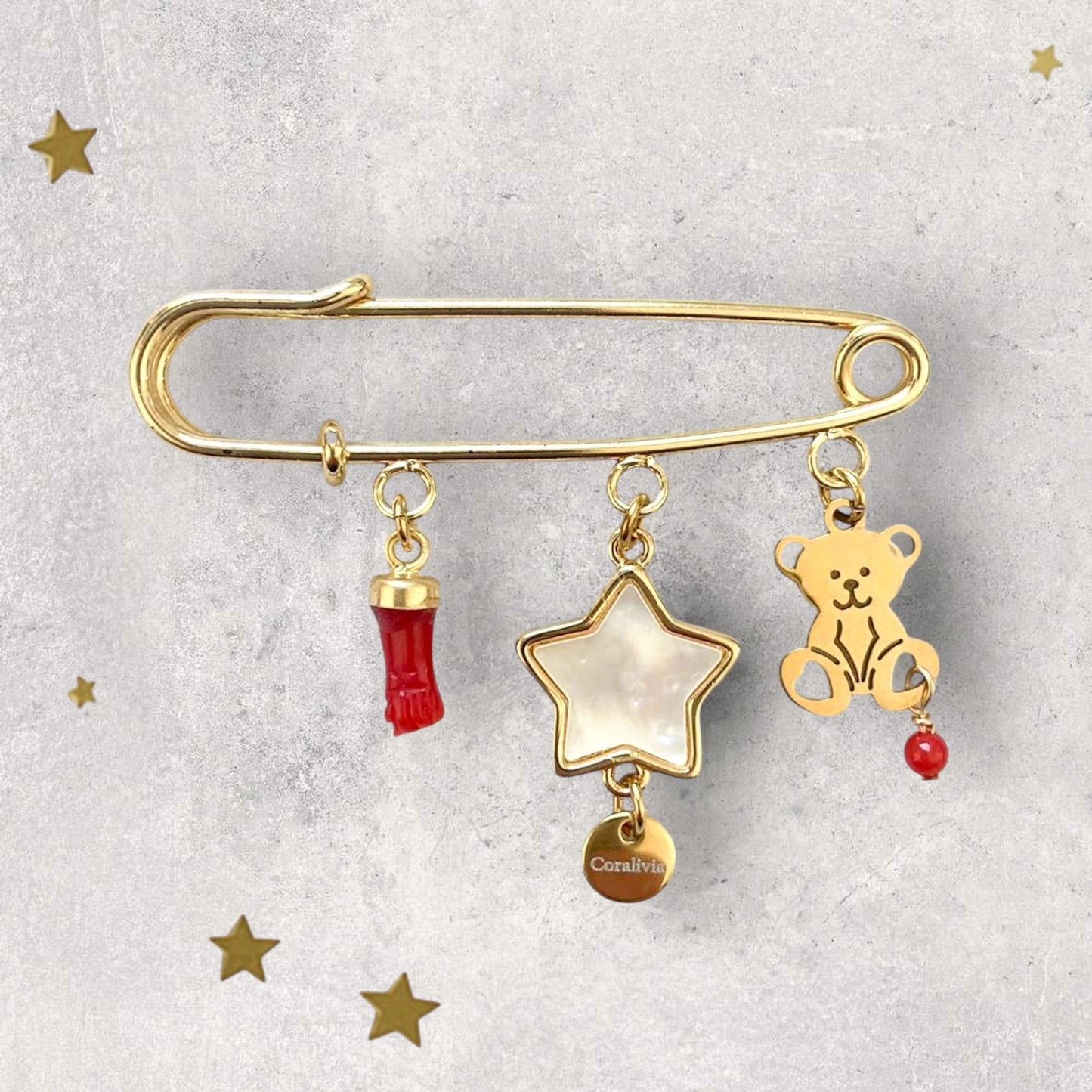 Broche de naissance Teddy Étoile – Porte-bonheur en Corail rouge
