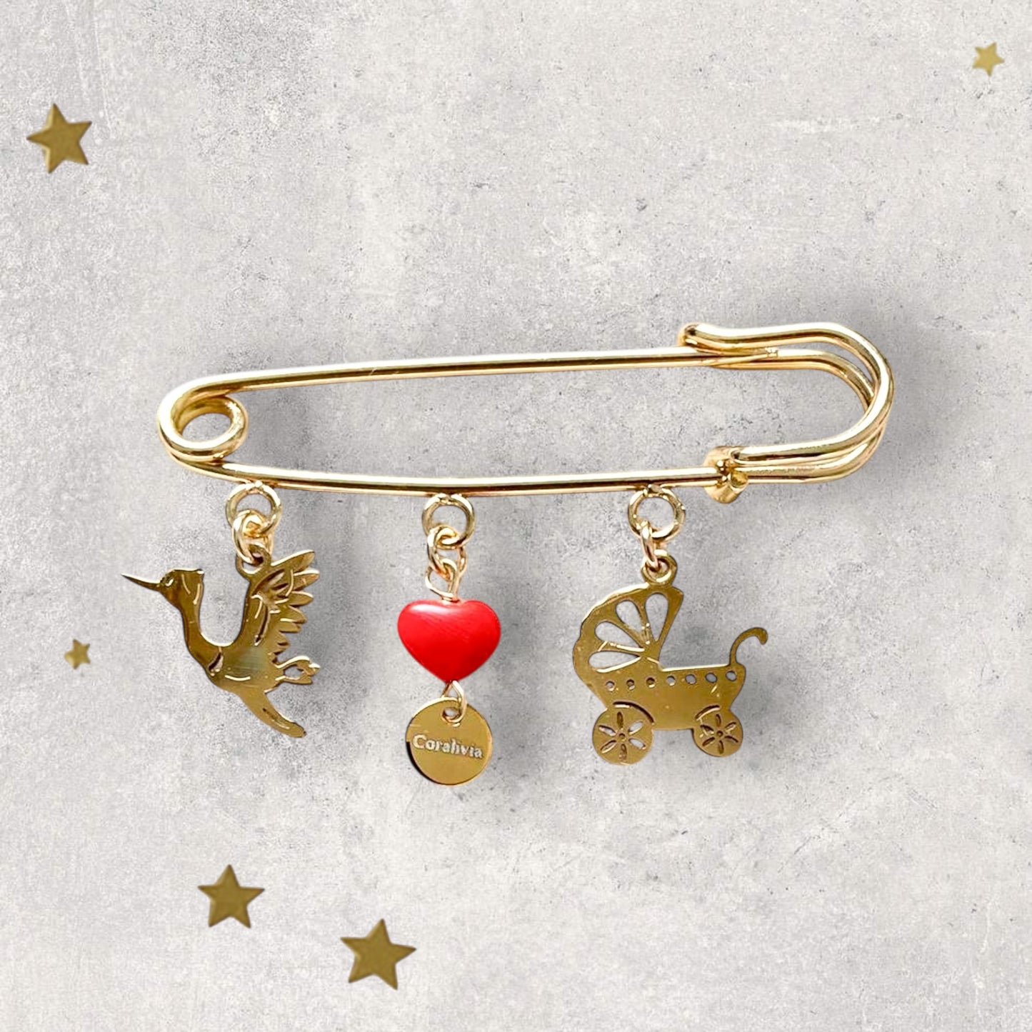Broche de naissance Cigogne – Porte-bonheur en Corail rouge
