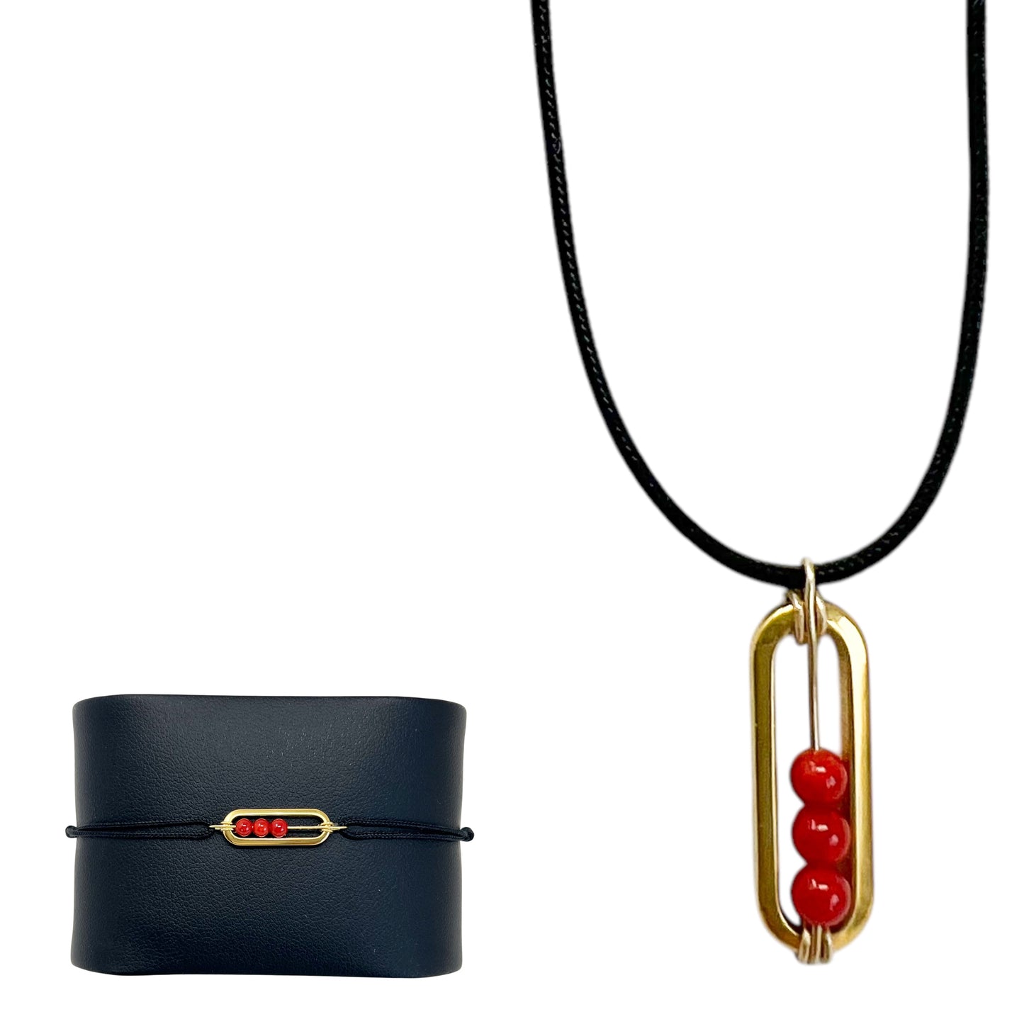 collier cordon noir pendentif corail rouge de Méditerranée et bracelet assorti