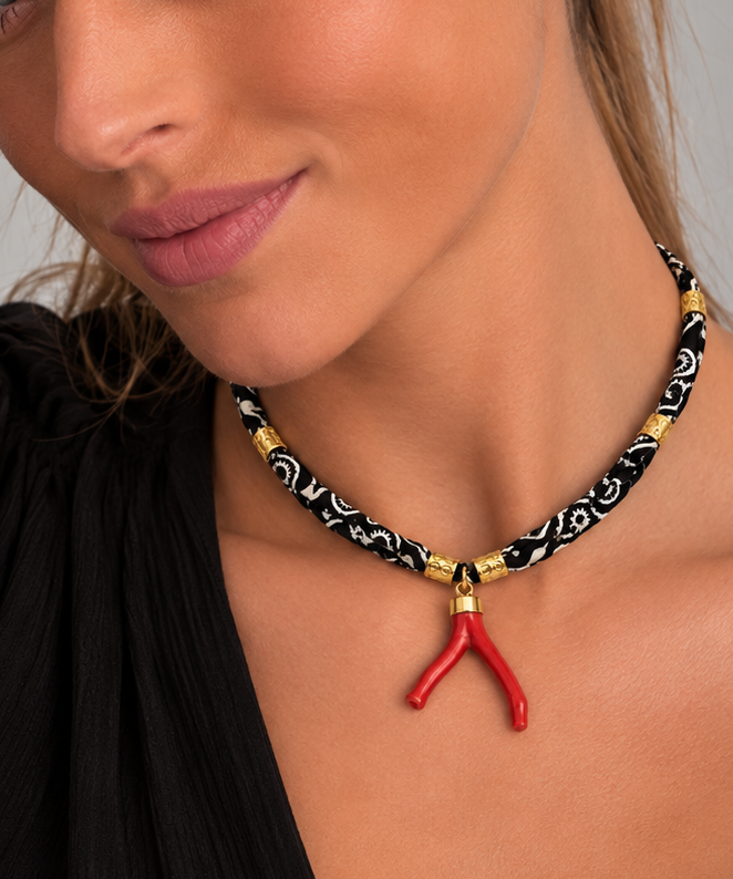 Coral necklace and black bandana