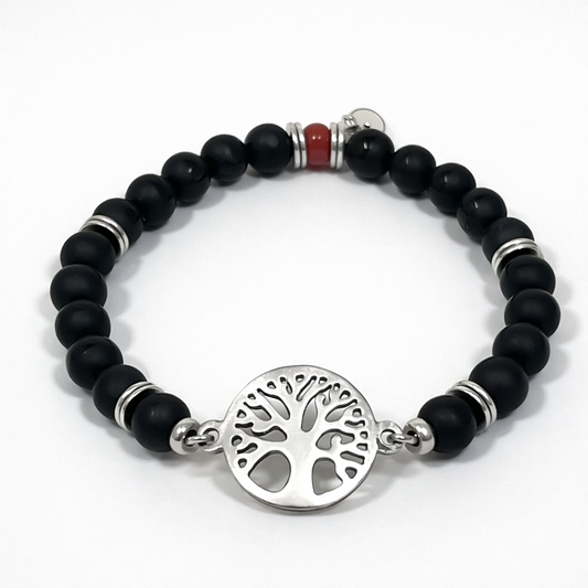 Bracelet Louis argenté - Agate noire & Arbre de vie