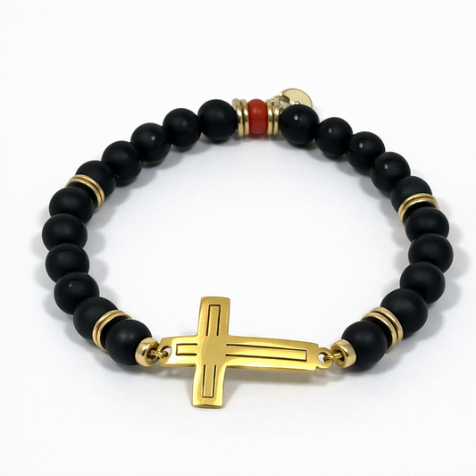 Bracelet Matteo doré – Agate noire & Croix