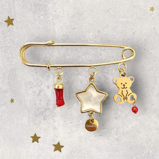 Broche de naissance Teddy Étoile – Porte-bonheur en Corail rouge