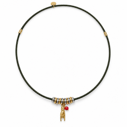     Collier Telia noir en acier inoxydable avec main protectrice et perle de Corail rouge de Méditerranée – Coralivia