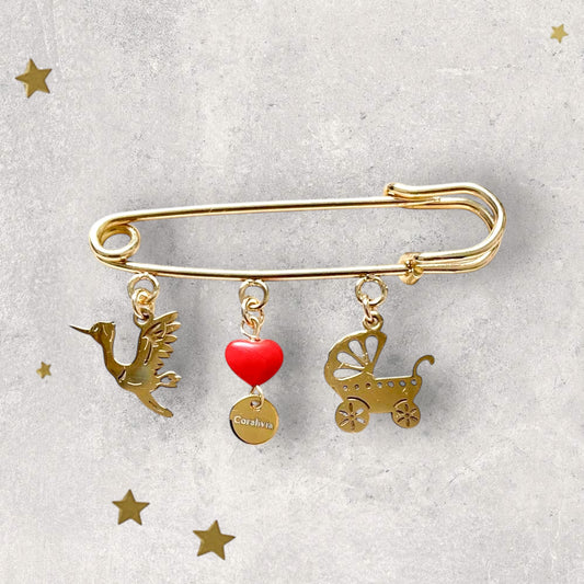 Broche de naissance Cigogne – Porte-bonheur en Corail rouge