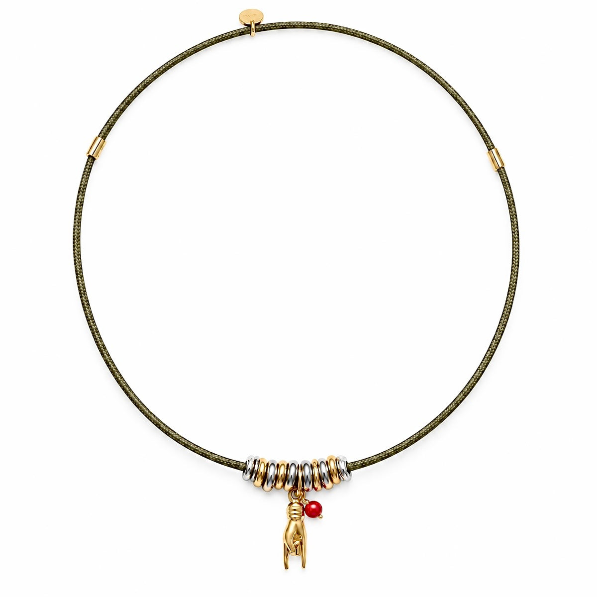     Collier Telia kaki en acier inoxydable avec main protectrice et perle de Corail rouge de Méditerranée – Coralivia