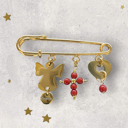 Broche de naissance Croix Corail – Porte-bonheur en Corail rouge