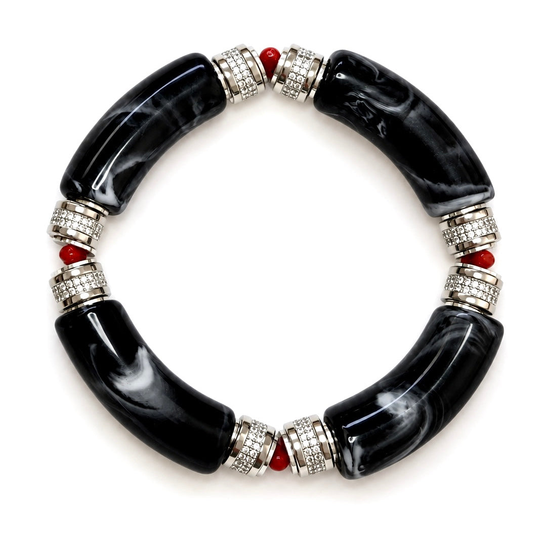 Bracelet Alya noir en acrylique, acier inoxydable, strass et Corail rouge de Méditerranée – Coralivia