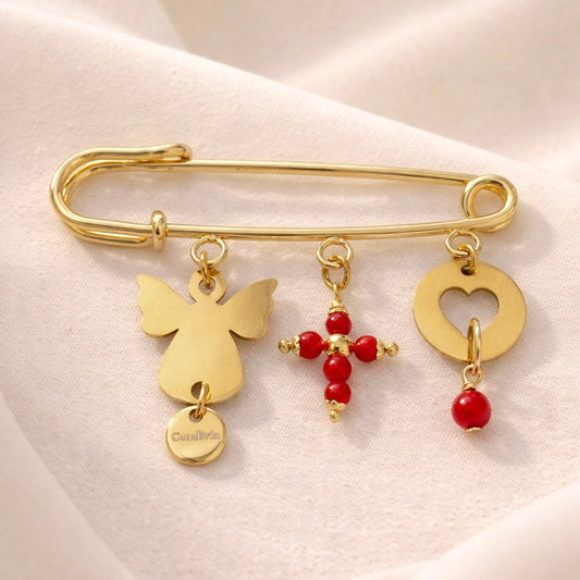 Broche de naissance Croix Corail – Porte-bonheur en Corail rouge
