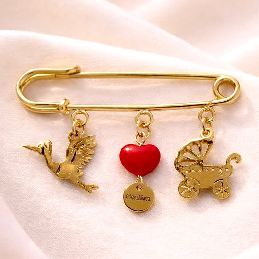 Broche de naissance Cigogne – Porte-bonheur en Corail rouge