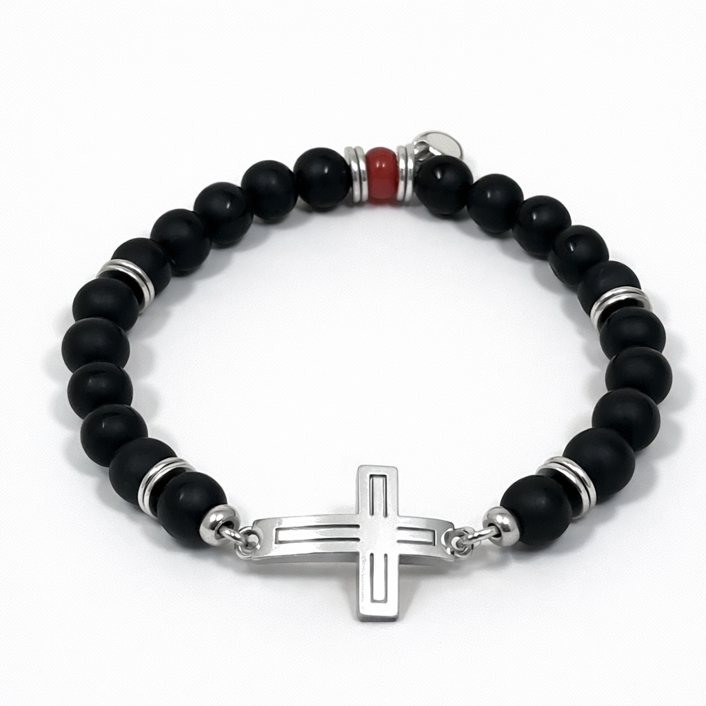 Matteo Silver Bracelet – Black Agate & Cross