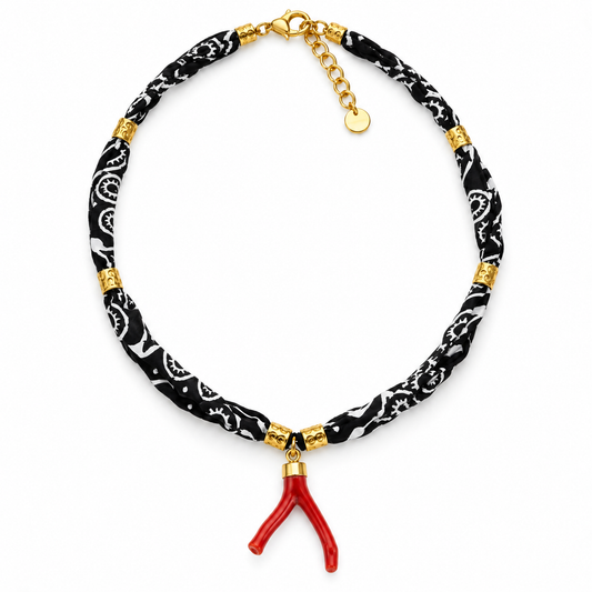 Coral necklace and black bandana