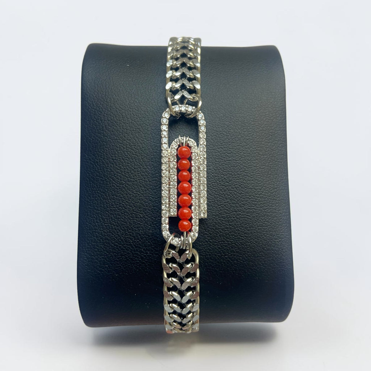 Bracelet en acier inoxydable argenté, strass et Corail rouge de Méditerranée – Coralivia