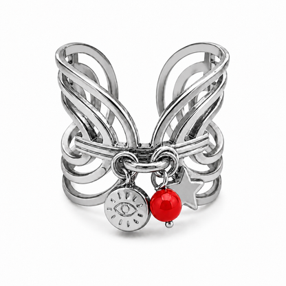 Bague femme Nat réglable en acier inoxydable avec étoile, œil et perle en Corail rouge de Méditerranée.