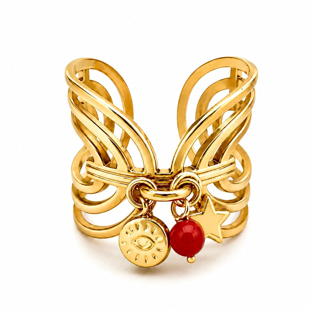 Bague femme Nat dorée réglable en acier inoxydable avec étoile, œil et perle en Corail rouge de Méditerranée