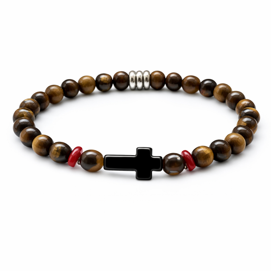 Bracelet Fedi Homme en Œil de tigre avec croix noire et corail rouge de Méditerranée
