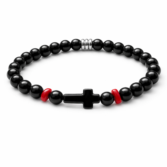 Bracelet élastique Fedi Homme en Onyx noir avec croix noire et corail rouge de Méditerranée