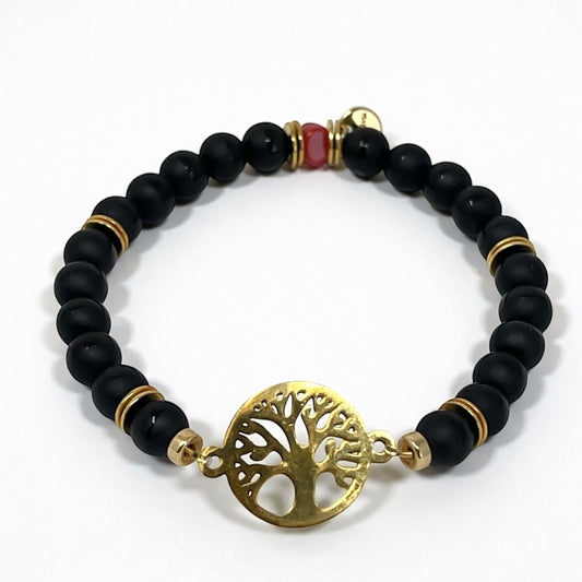 Bracelet homme Louis doré avec perles d’Agate noire, arbre de vie en acier inoxydable et Corail rouge de Méditerranée