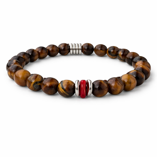 Bracelet homme OMU Coralivia fait main en Corse avec perles d’Œil de tigre marron doré, corail rouge de Méditerranée, rondelles en acier inoxydable et montage élastique