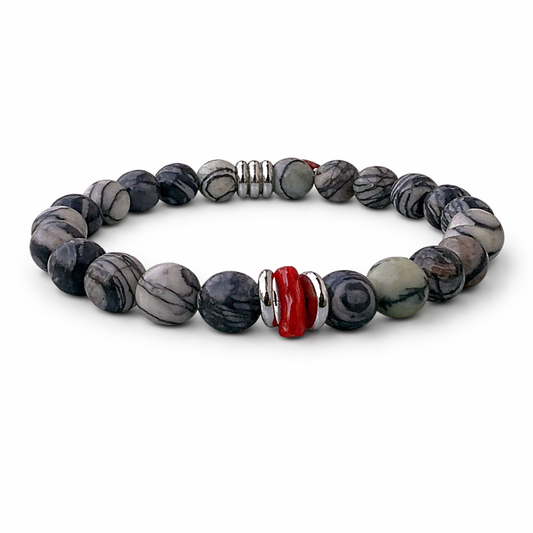 Bracelet homme Terra Aventurine Coralivia fait main en Corse avec perles d’Aventurine gris vert, corail rouge de Méditerranée, rondelles en acier inoxydable et montage élastique