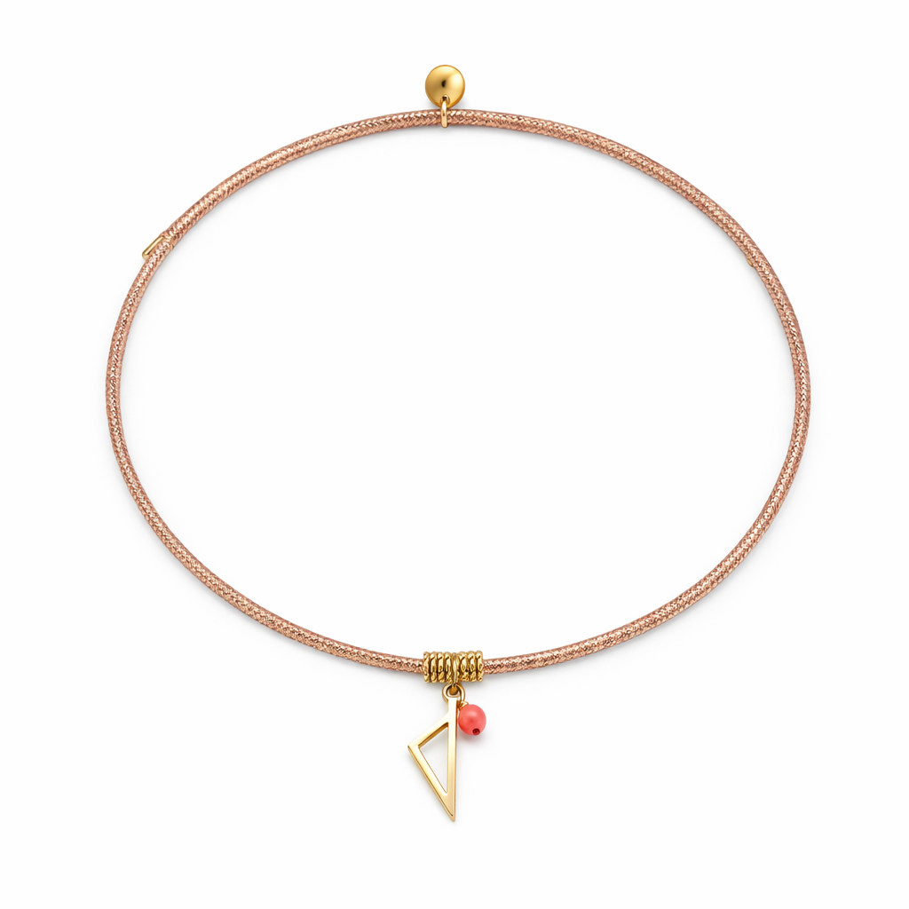 Collier enfant Isula en cordon rose avec pendentif Corse doré et tube de Corail rouge de Méditerranée