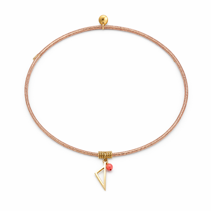 Collier enfant Isula en cordon rose avec pendentif Corse doré et tube de Corail rouge de Méditerranée