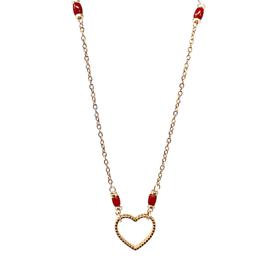 Collier femme Love en acier inoxydable doré avec cœur et perles olive de Corail rouge de Méditerranée