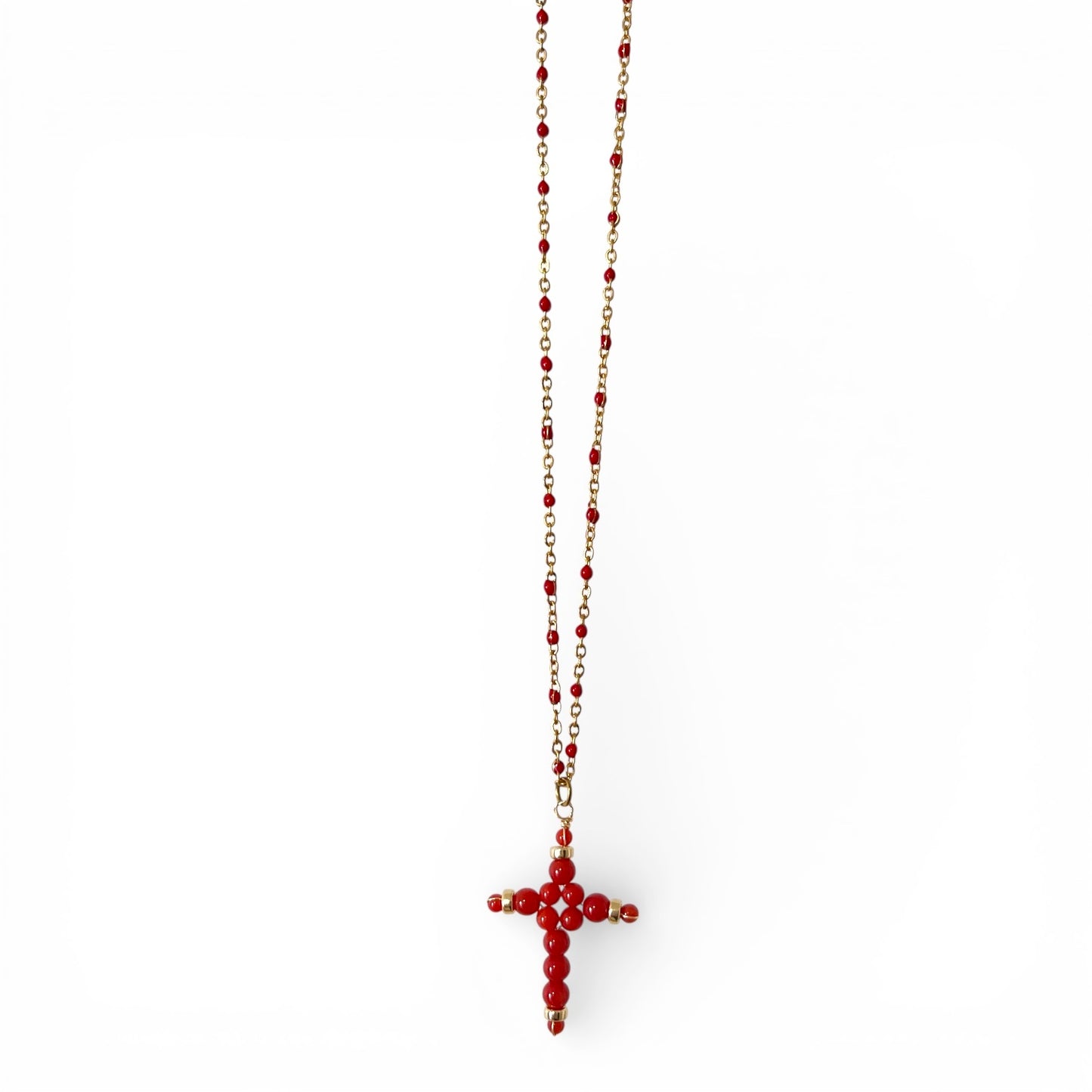 Collier Minnà avec croix faite main et chaîne dorée perlée de Corail rouge de Méditerranée