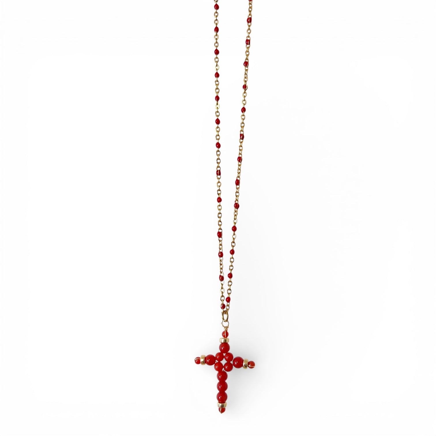 Collier Minnà avec croix faite main et chaîne dorée perlée de Corail rouge de Méditerranée