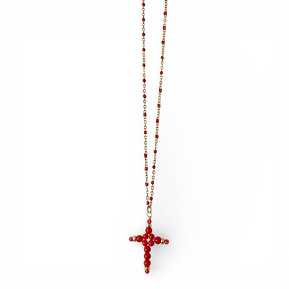 Collier Minnà avec croix faite main et chaîne dorée perlée de Corail rouge de Méditerranée