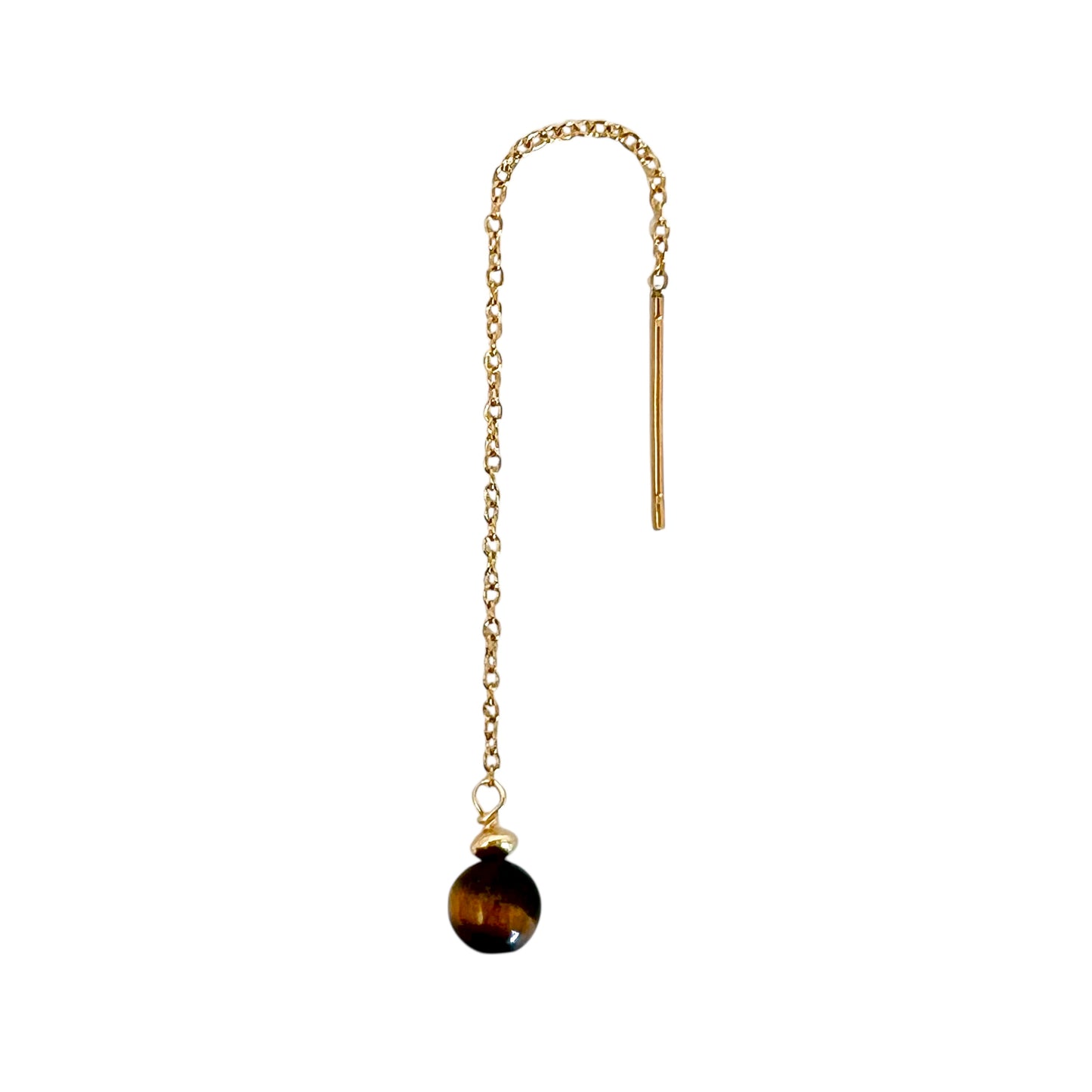 Mono boucle d’oreille femme Perla en acier inoxydable doré avec chaîne fine et perle d’Œil de Tigre, confectionnée en Corse